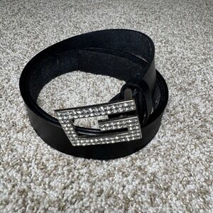 Guess Y2K Black Genuine Leather Rhinestone G Womens Belt Size XL